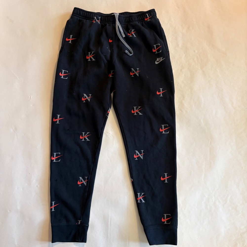 Nike Mens Tall Large Black All Over Print Logo Fleece Jogger Sweatpants L TALL
